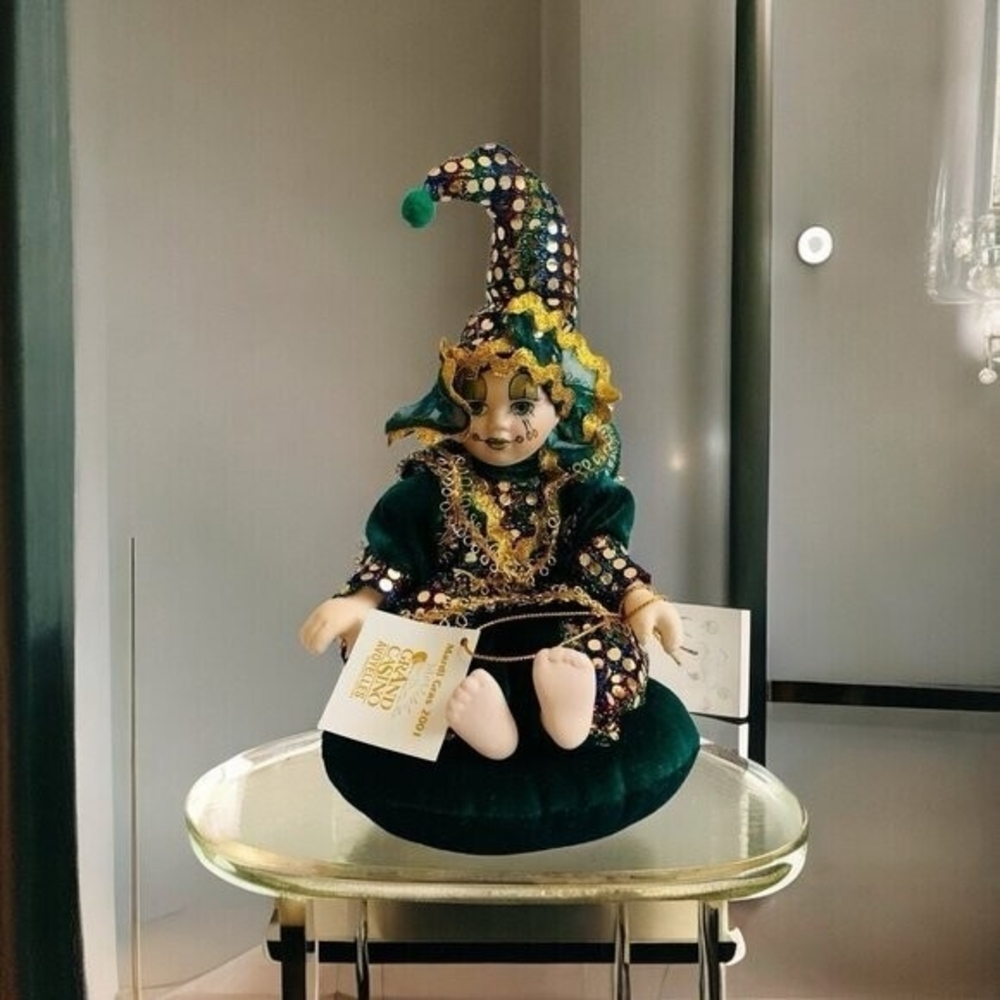 Porcelain Doll Mardi Gras 9" Jester Baby Clown Grand Casino Green Gold Vintage
